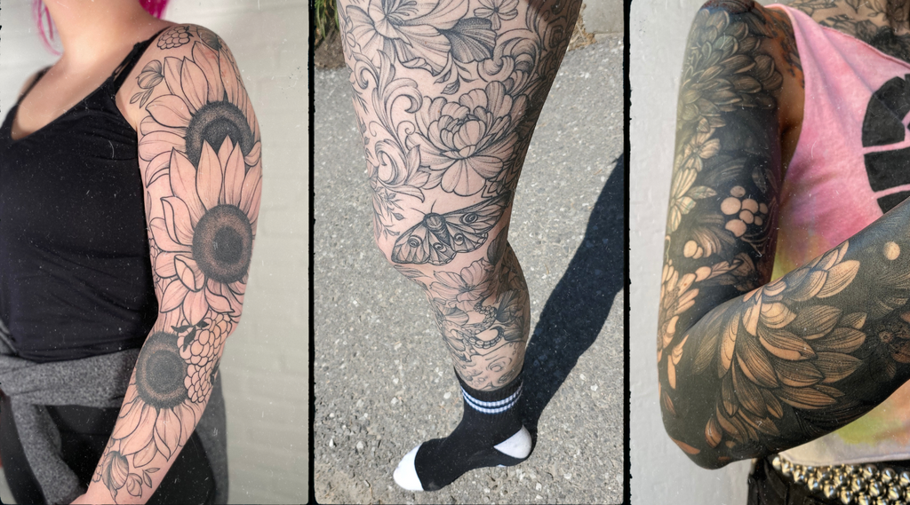 Healed tattoos by lu loram martin, top large bold blackwork floral tattoo specialist, and illustrator, based in toronto, canada, best