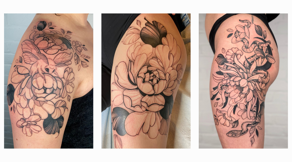 Tattoos by lu loram martin, large blackwork floral tattoo specialist, and illustrator, based in toronto, canada