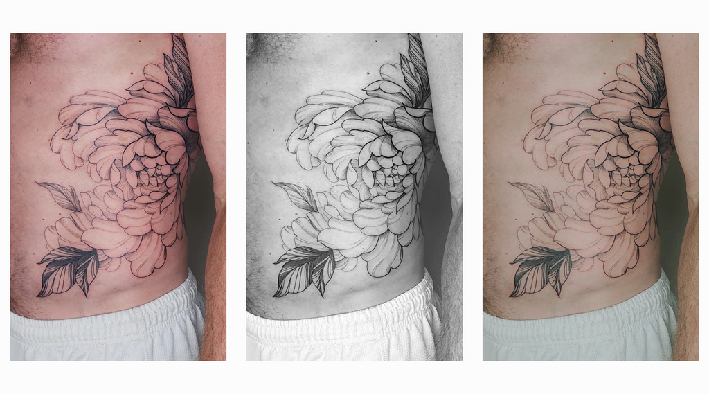 edited rib tattoo by lu loram martin, large blackwork floral tattoo specialist, and illustrator, based in toronto, canada