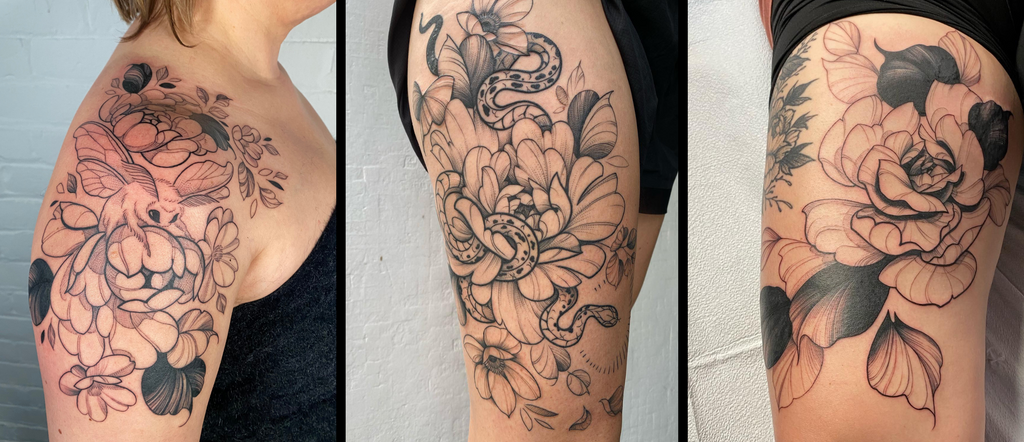 three Tattoos by lu loram martin, top large bold blackwork floral tattoo specialist, and illustrator, based in toronto, canada, best