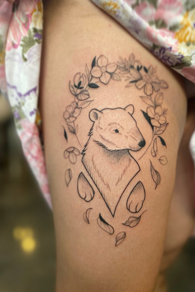 fineline, delicate, polar bear by lu loram martin, top large blackwork floral tattoo specialist, and illustrator, based in toronto, canada