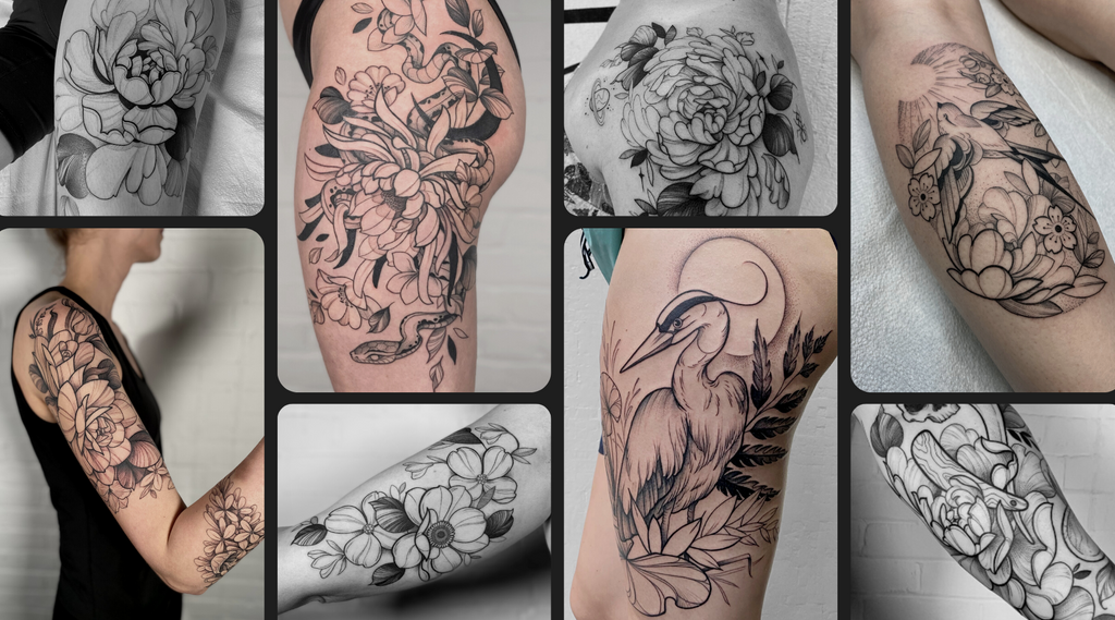 a collection of black work tattoos by lu loram martin, top large blackwork floral tattoo specialist, and illustrator, based in toronto, canada, best