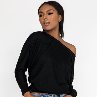 Black Three quarter sleeve cold shoulder top w/ silver hardware