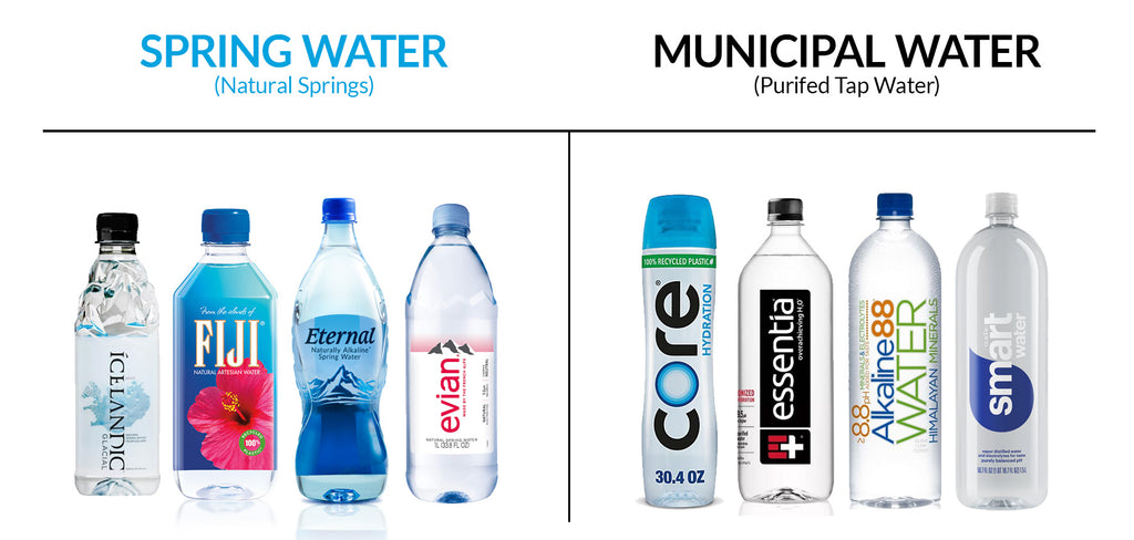 A chart showing spring water brands (Icelandic, Fiji, Eternal Water, Evian) vs. municipal water brands (Core Hydration, Essentia, Alkaline88, and Smart Water)