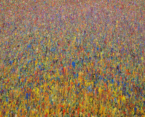 Moderne Kunst auf Leinwand. Gemälde zeigt Farbverläufe in violett, orange, gelb, blau und rot. ARTLET | Atelier Hellbusch