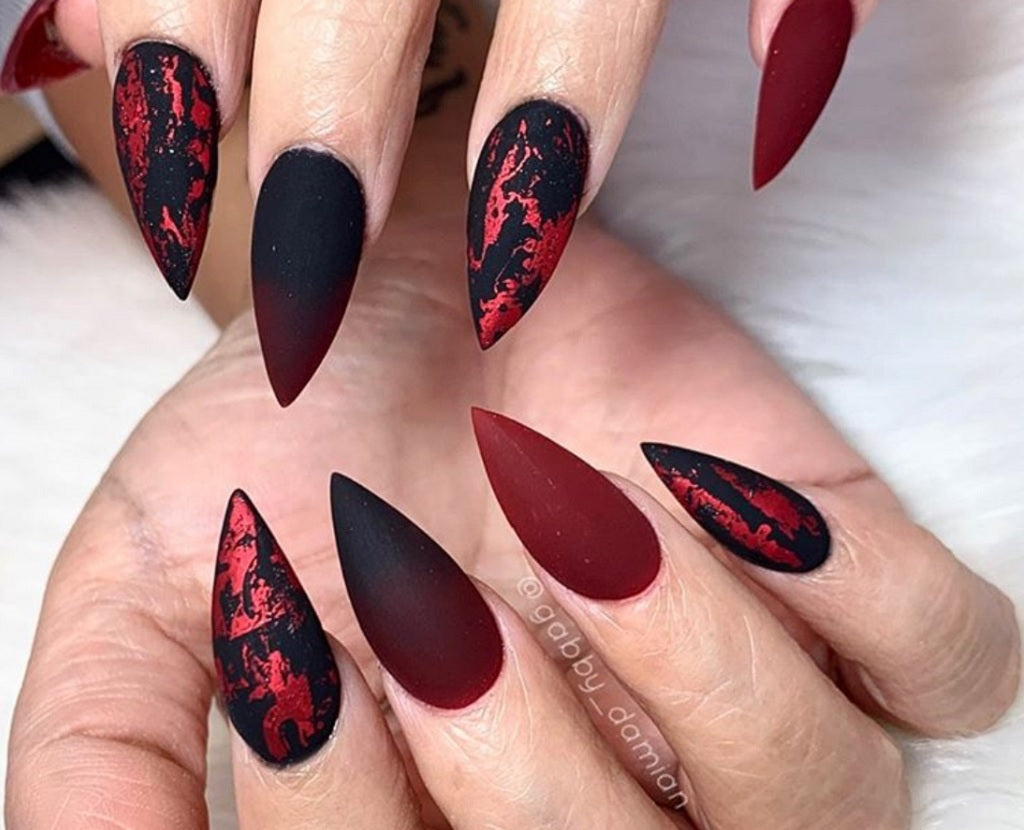 Blood Red and Black Marbled Nails