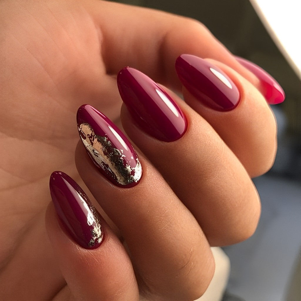 Burgundy Almond Nails with Gold