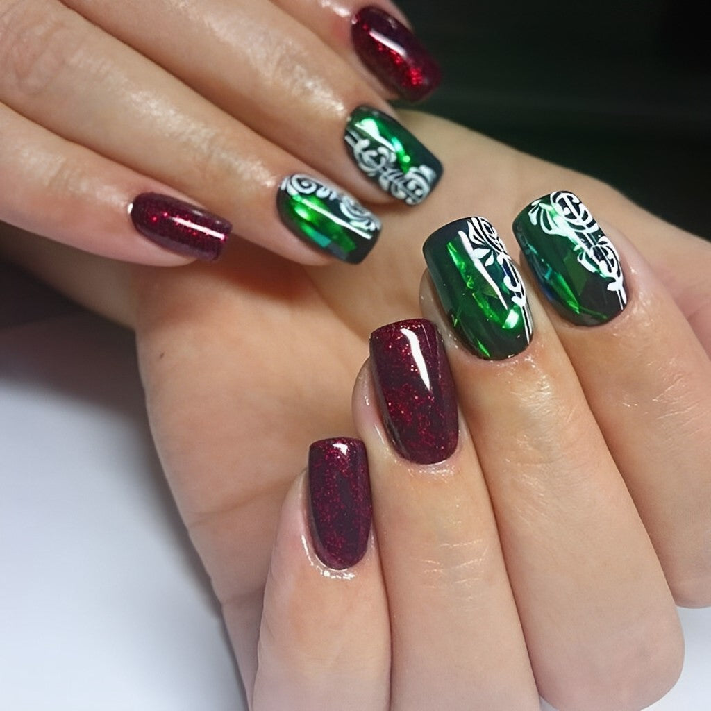 Burgundy and Green Holiday Nails