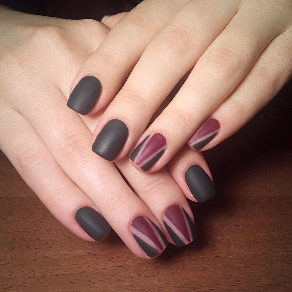 Geometric Umber and Burgundy Nails