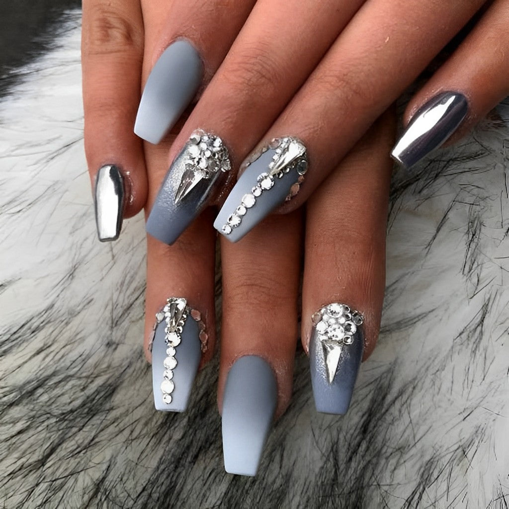 Gradient Gray Ballerina Nails with Chrome and Stones