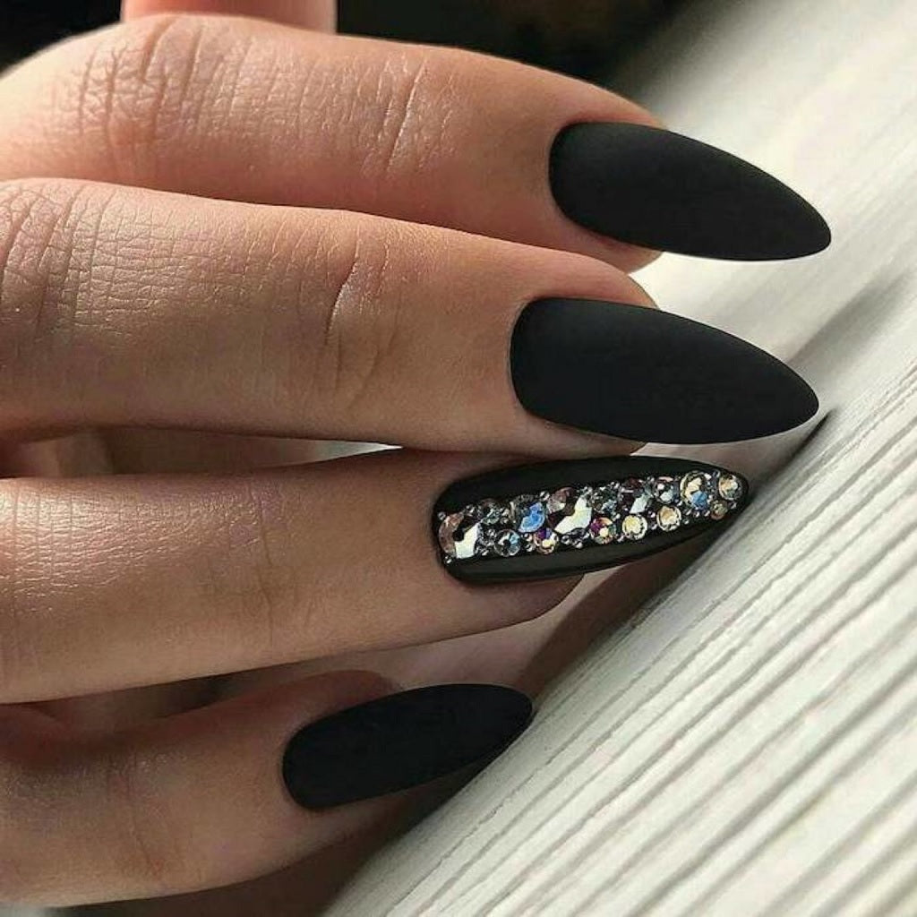 Matte Black Almond Nails with a Rhinestone Stripe