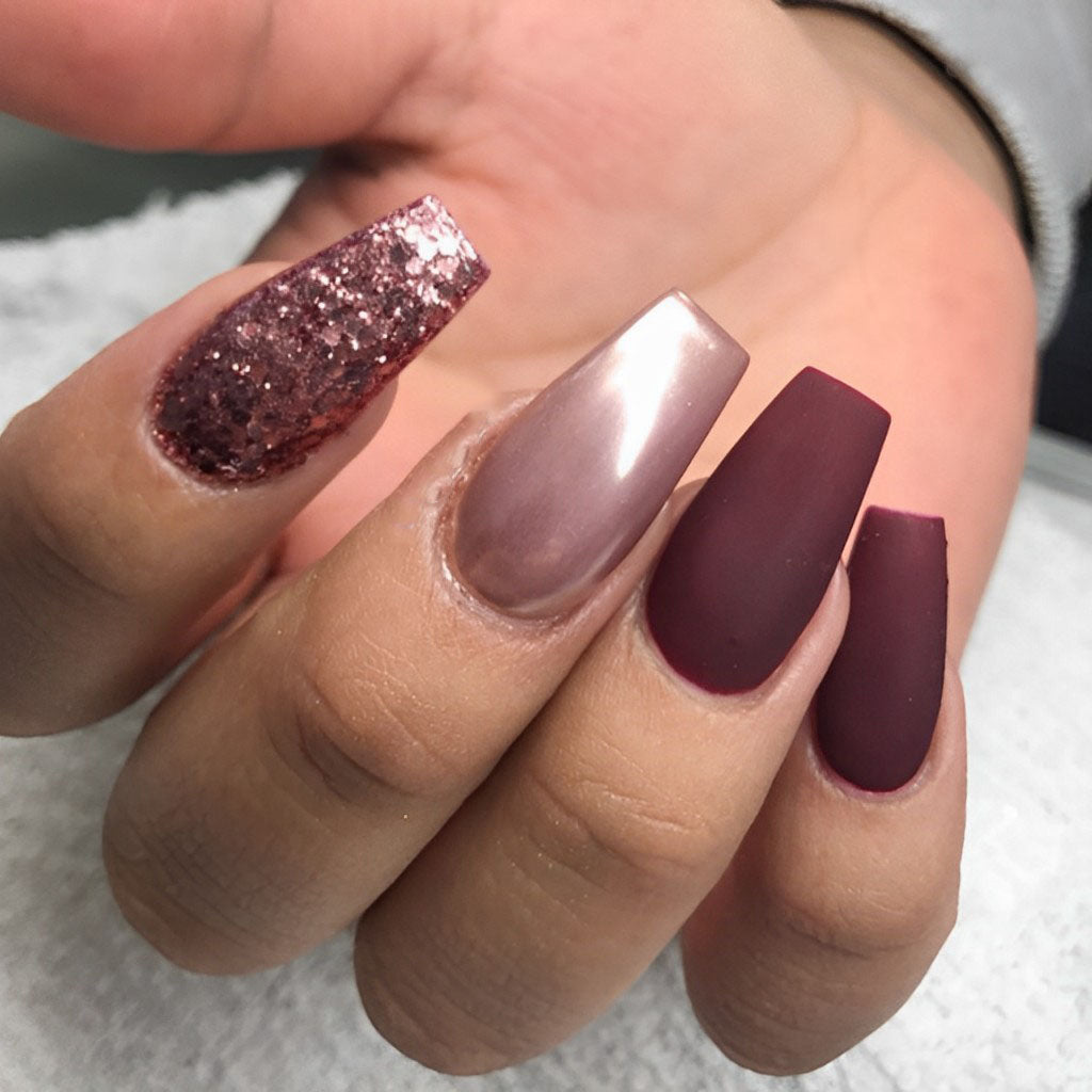 CoolNail Ballerinas Matte burgundy Coffin False Nails 3D Rhinestones Wine  Red Color False Coffin Shape Pre-design Full Nail Tips : Amazon.in: Beauty