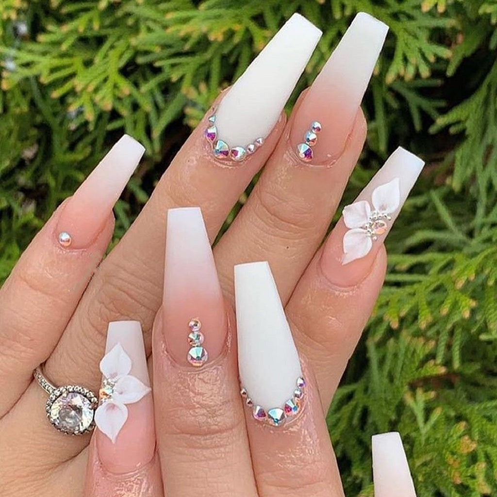 Matte White Ombre Nails with Flowers and Rhinestones