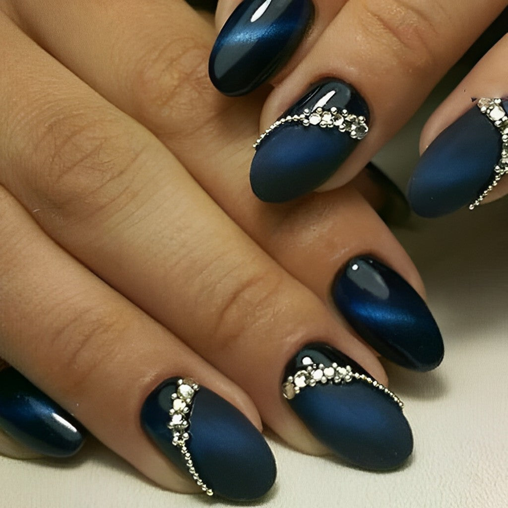 Midnight Blue Oval Nails with Split Sheens
