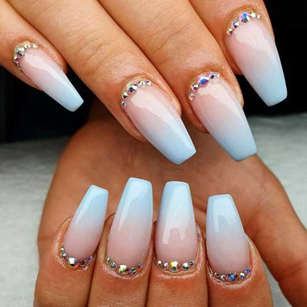 Pink and Blue Ombre Nails with Iridescent Rhinestones