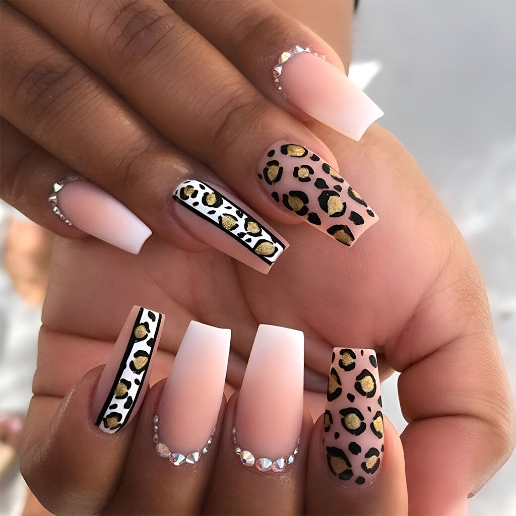 Pink and White Ombre Nails with Leopard Spots