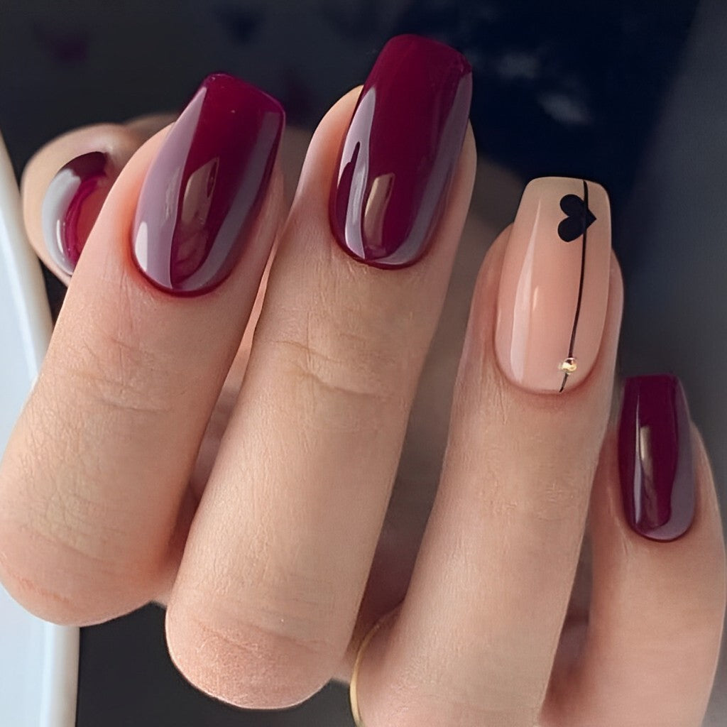 Square Burgundy Nails with a Sheer Accent Nail