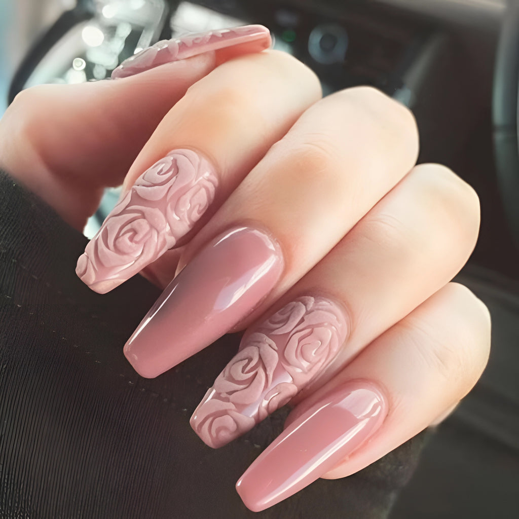 Textured Roses on Ballerina Nails