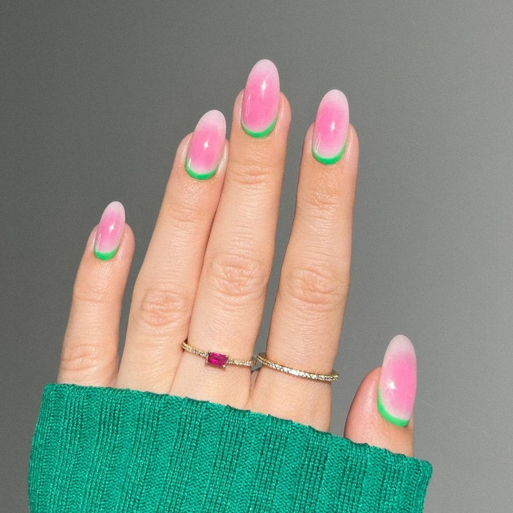 Watermelon Aura Nails in a Reverse French Manicure