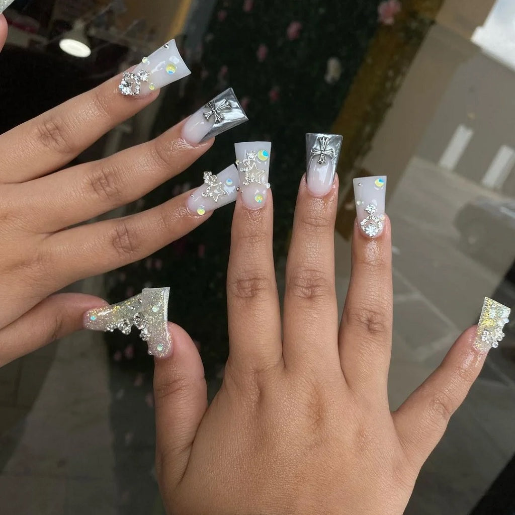 White Duck Nails with Gems and Charms