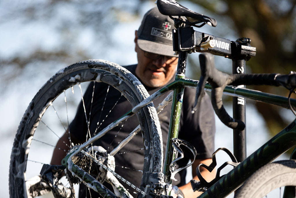 The team mechanic setting up the bikes.