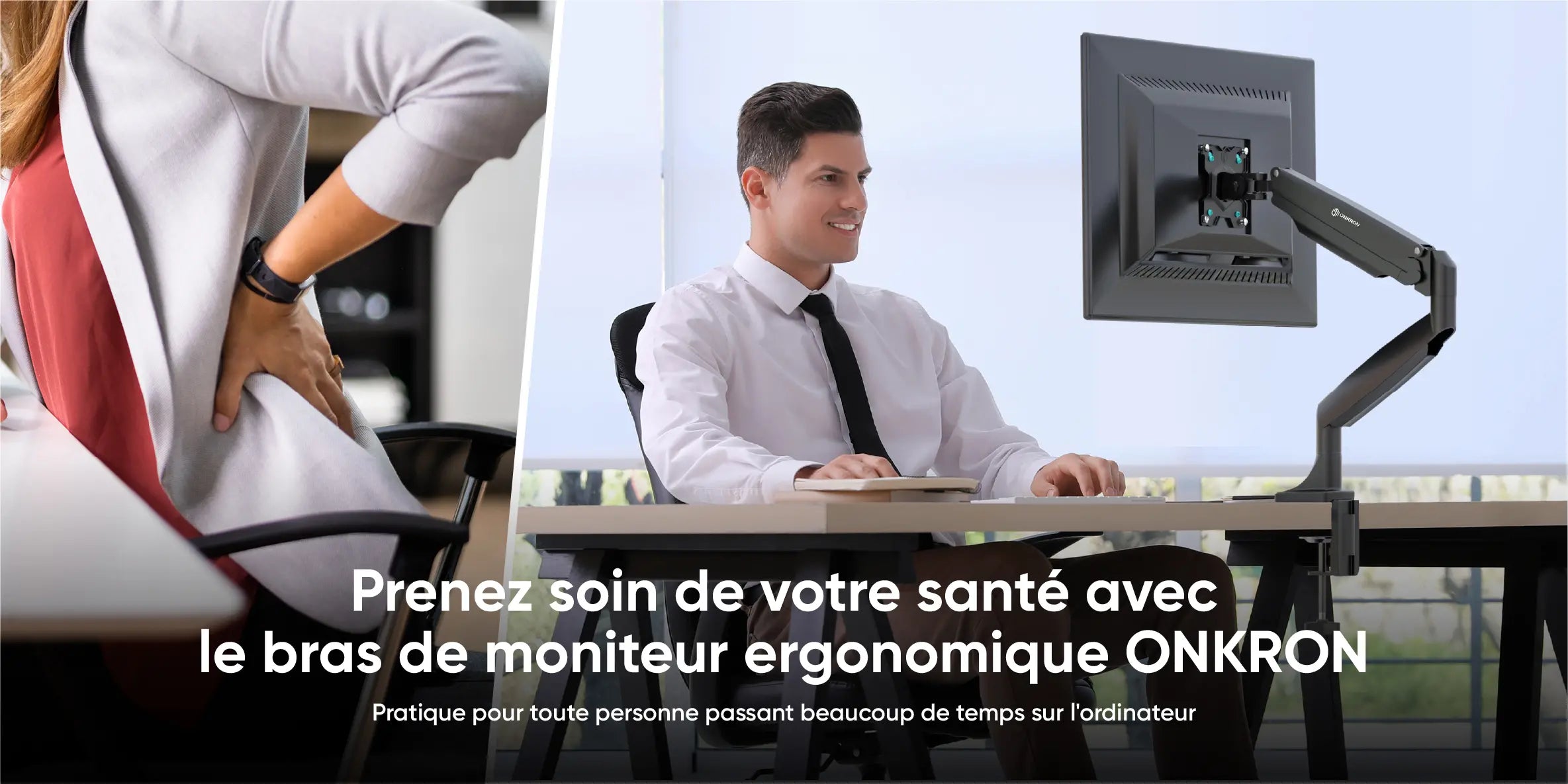 Prenez soin de votre santé avec le bras de moniteur ergonomique ONKRON. Pratique pour toute personne passant beaucoup de temps sur l'ordinateur