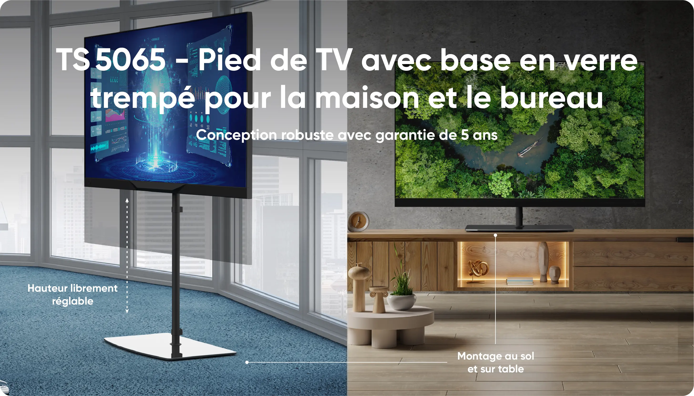 TS5065 - Pied de TV avec base en verre trempé pour la maison et le bureau. Conception robuste avec garantie de 5 ans