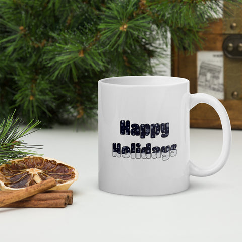 Happy Holidays coffee mug with falling snow