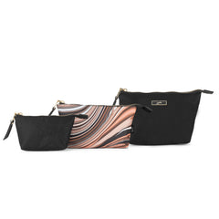 Black and marbled brown, peach, coral, and white Eco All Set Trio Pouches Front View