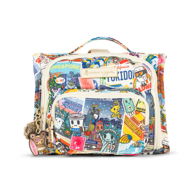 Multicolor Postcards with tokidoki characters traveling Mini B.F.F Crossbody Bag Front View