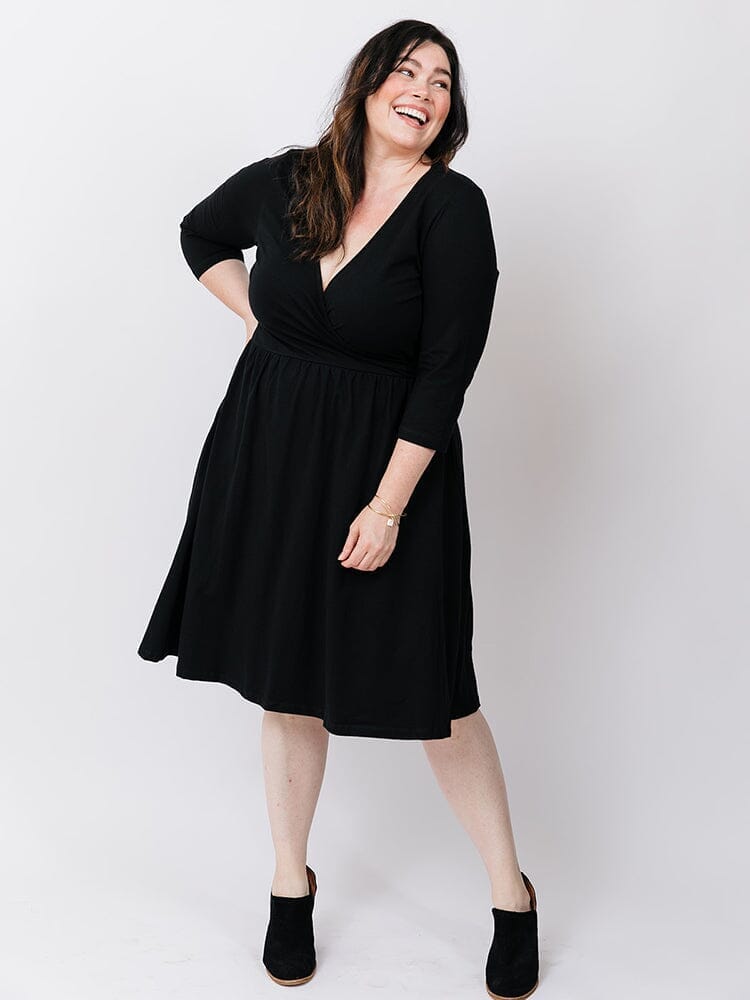 Callie 3/4 Sleeve Faux Wrap Dress - Black