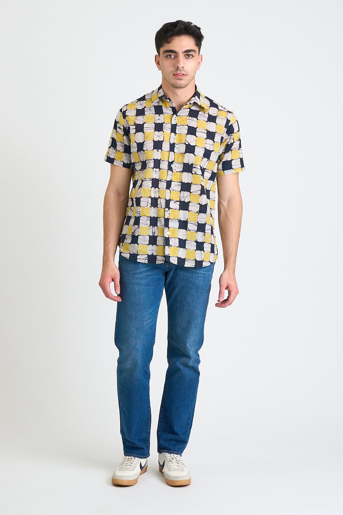 Aby Short Sleeve Shirt - Yellow and Black Chessboard Batik