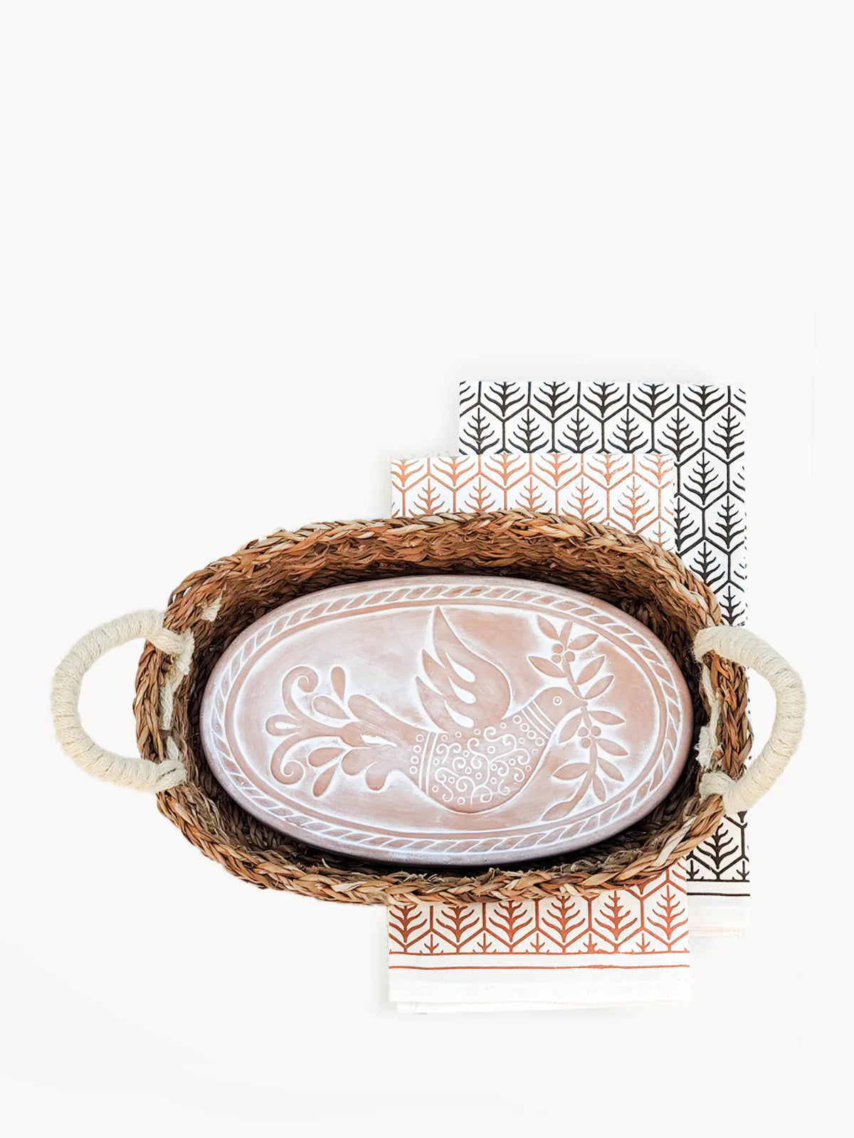 Bread Warmer + Basket with Tea Towel - Bird Oval