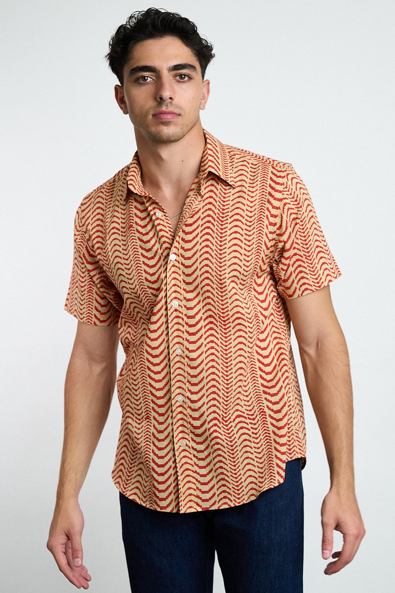 Men's Sheril Short Sleeve Shirt - Beige + Red Zig Zag