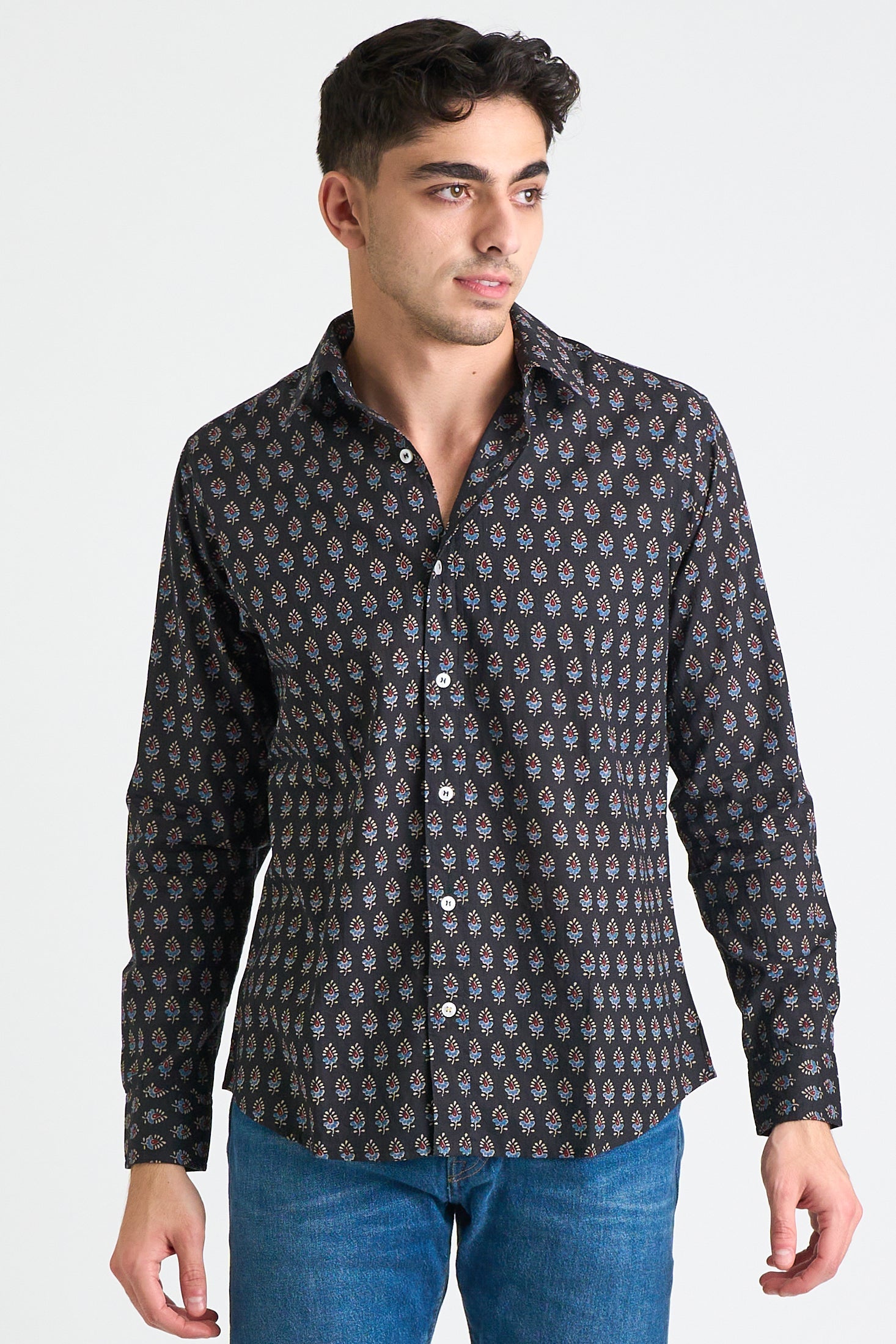 Men's Amir Long Sleeve Shirt - Black + Blue Motif