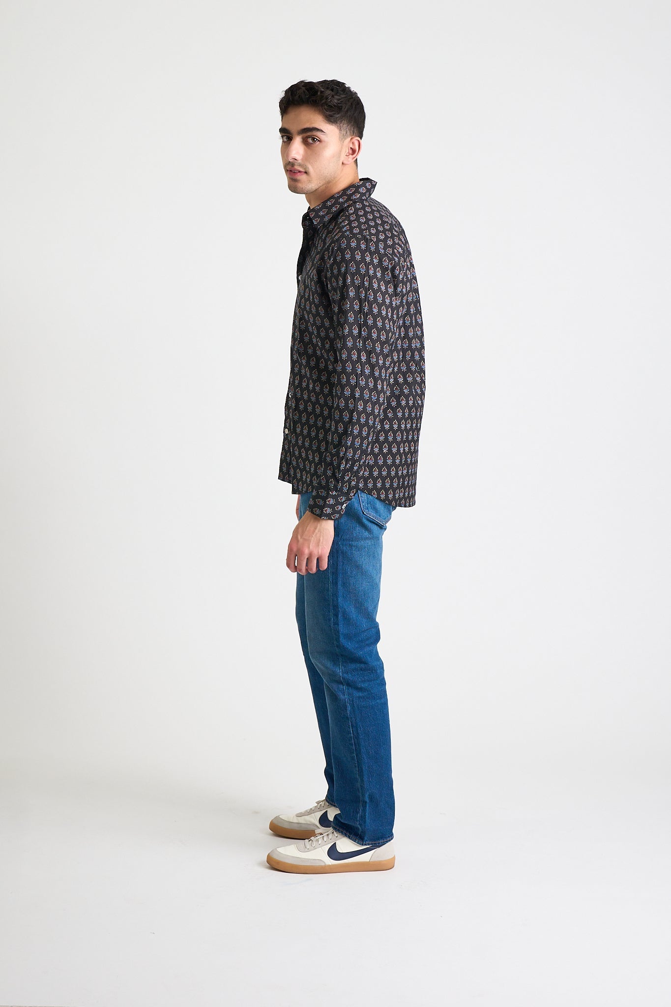 Men's Amir Long Sleeve Shirt - Black + Blue Motif