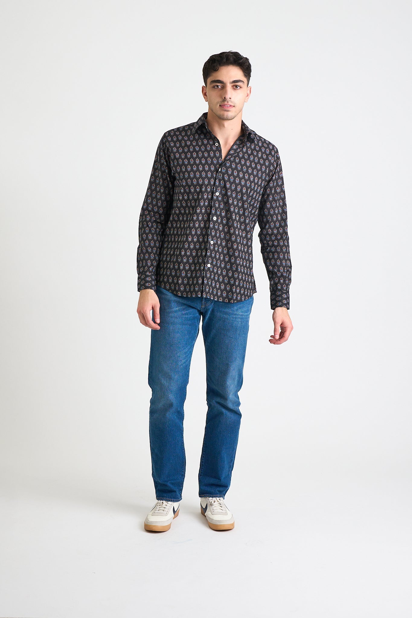 Men's Amir Long Sleeve Shirt - Black + Blue Motif