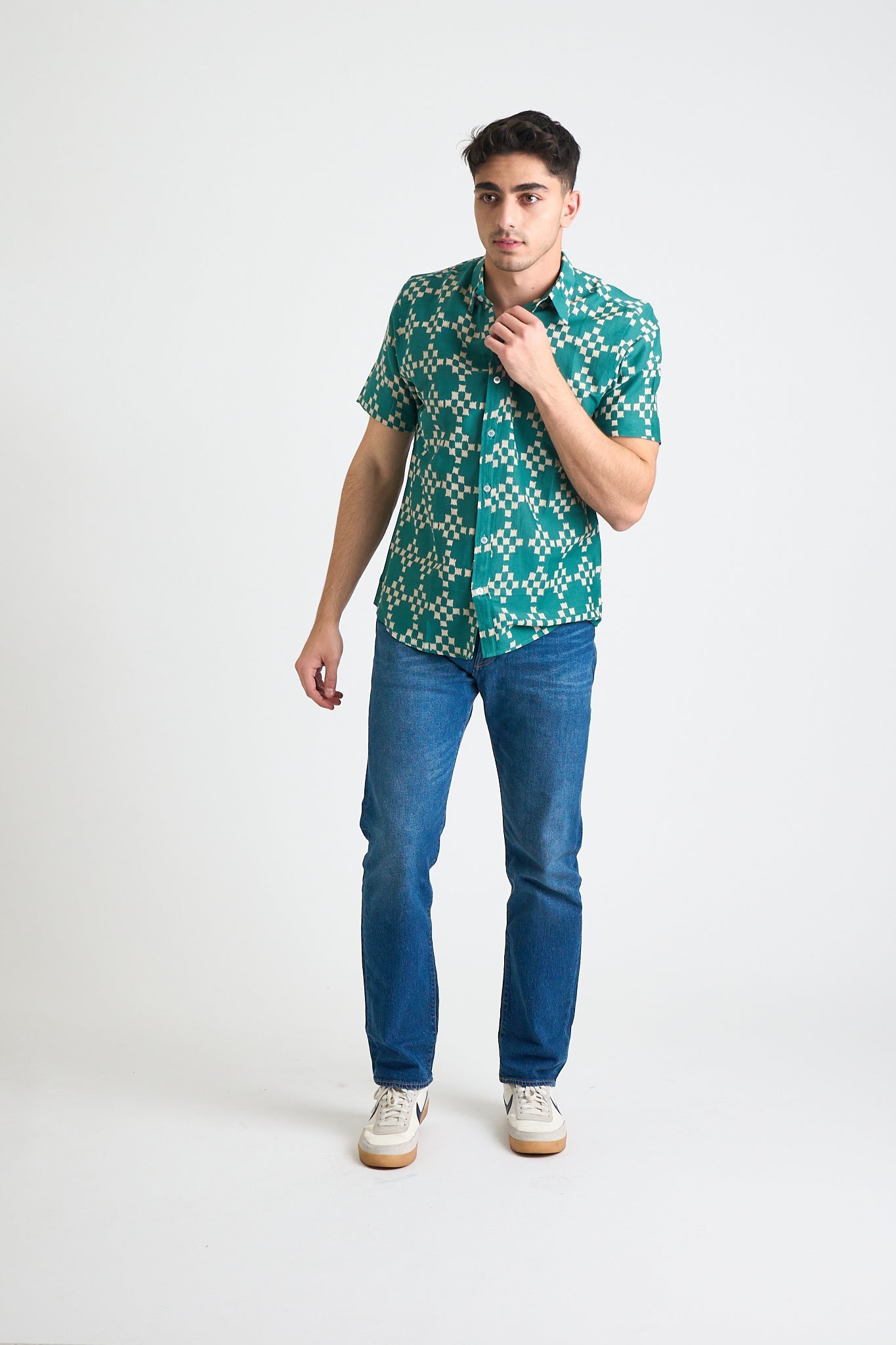 Men's Sheril Short Sleeve Shirt - Green + White Squares