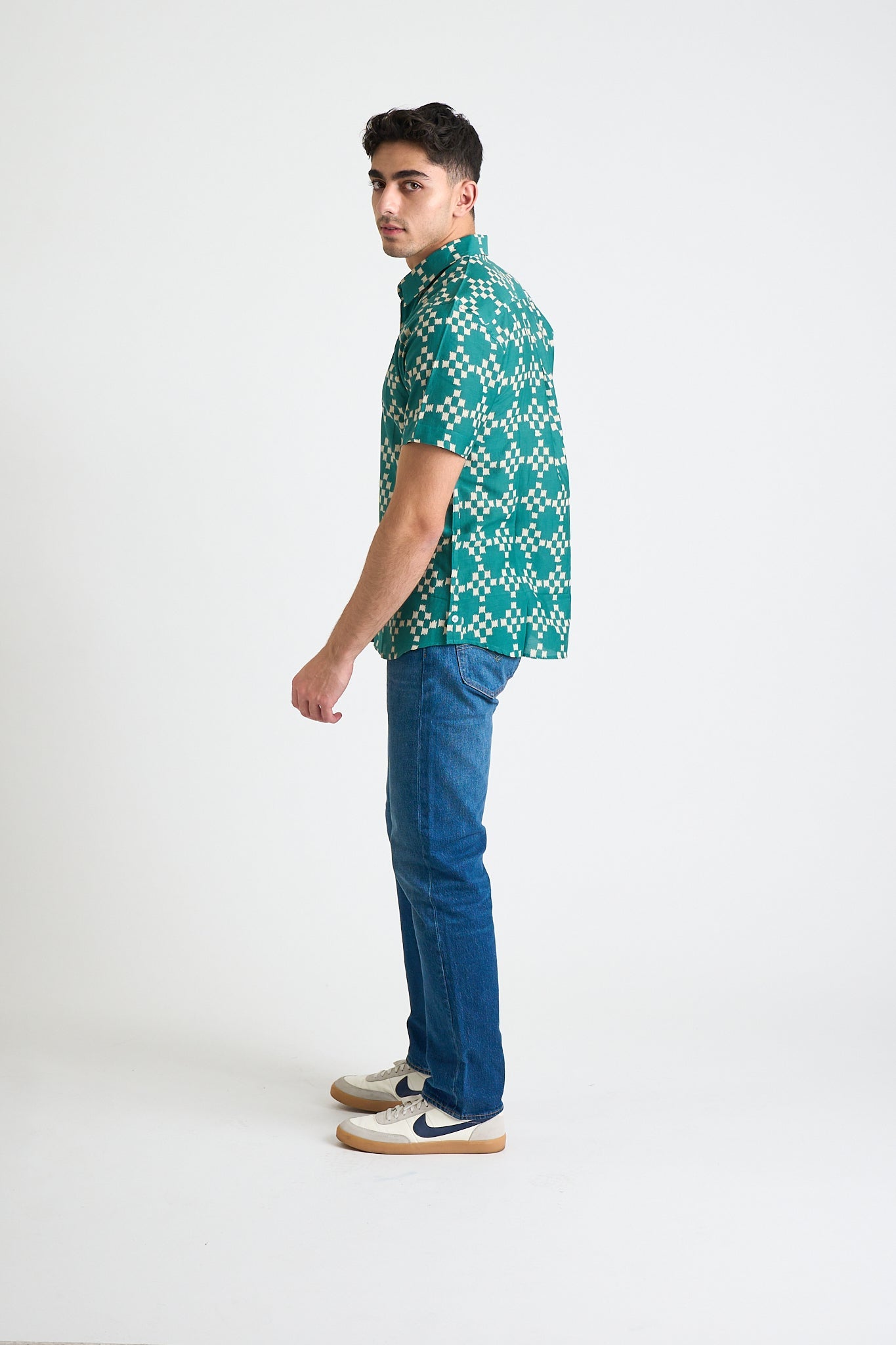 Men's Sheril Short Sleeve Shirt - Green + White Squares