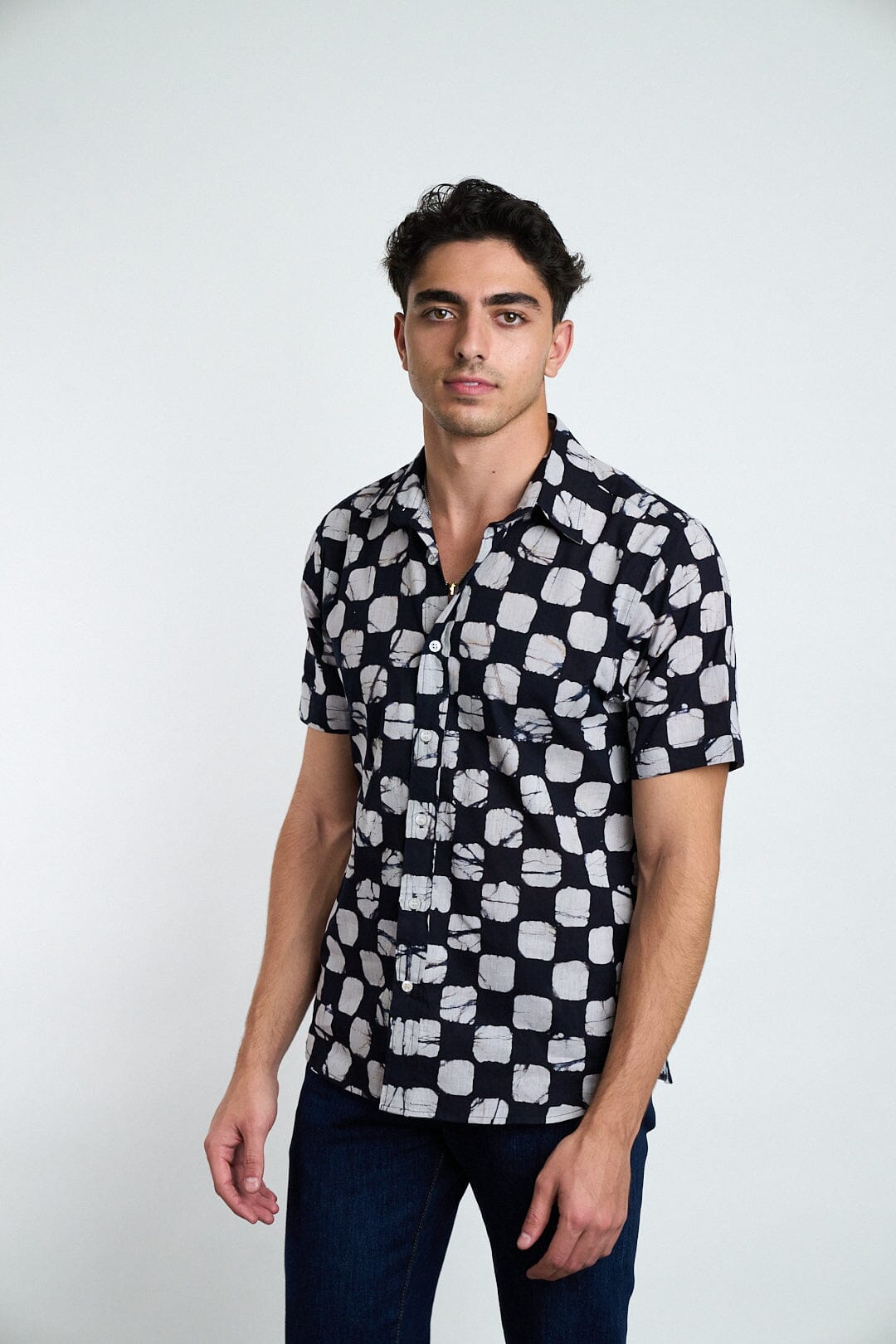 Men's Aby Short Sleeve Shirt - Black + Gray Chessboard