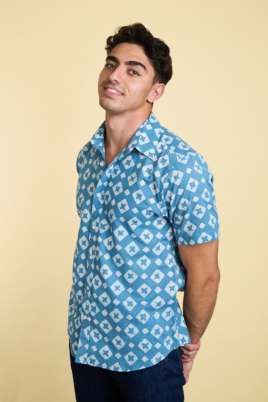 Men's Aby Short Sleeve Shirt - Blue + White Diamond