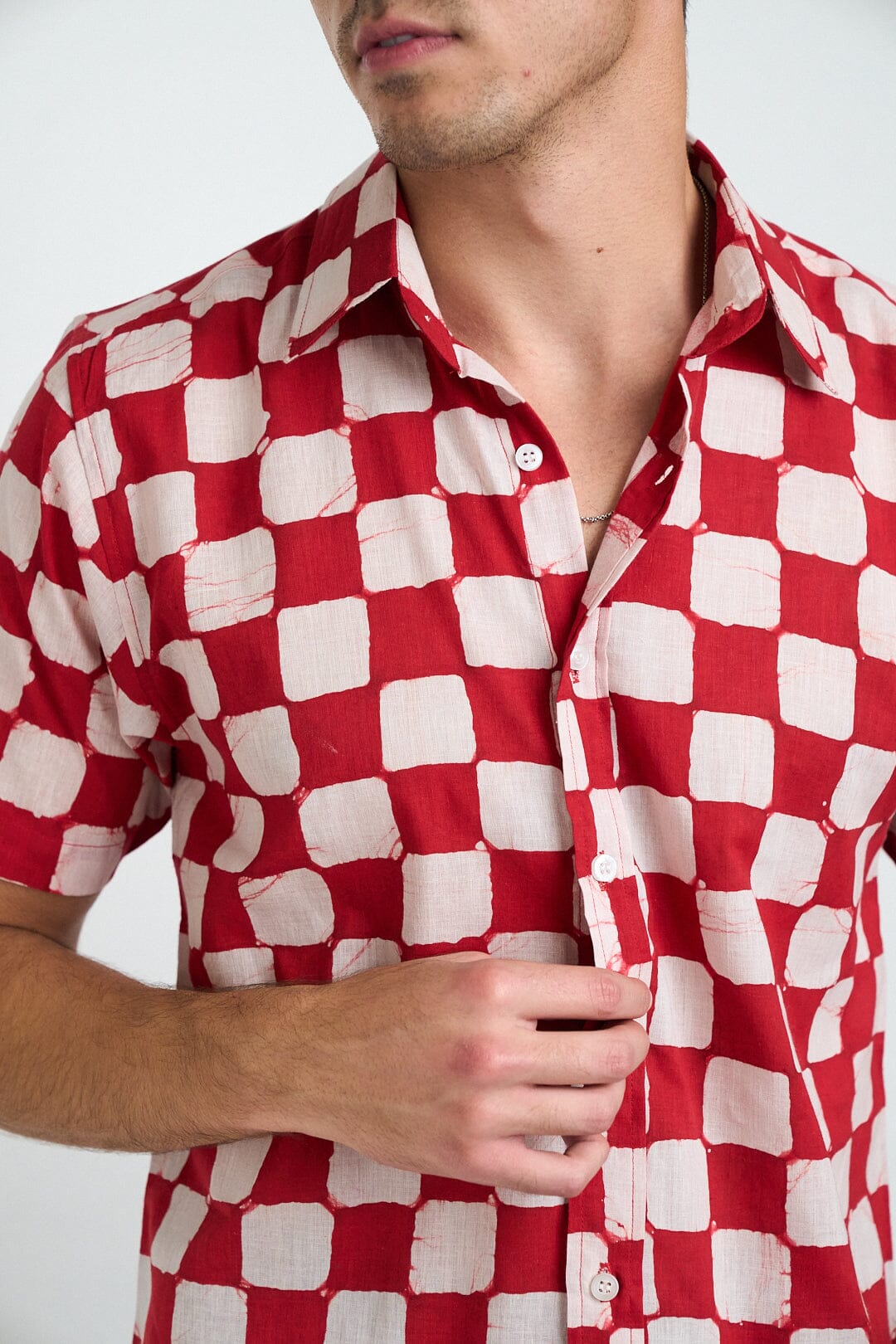 Men's Aby Short Sleeve Shirt - Red + Pink Chessboard