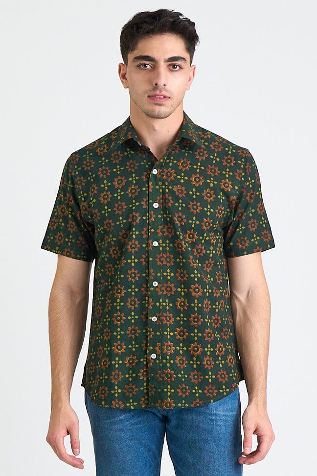 Men's Sufi Short Sleeve Shirt - Green and Red print