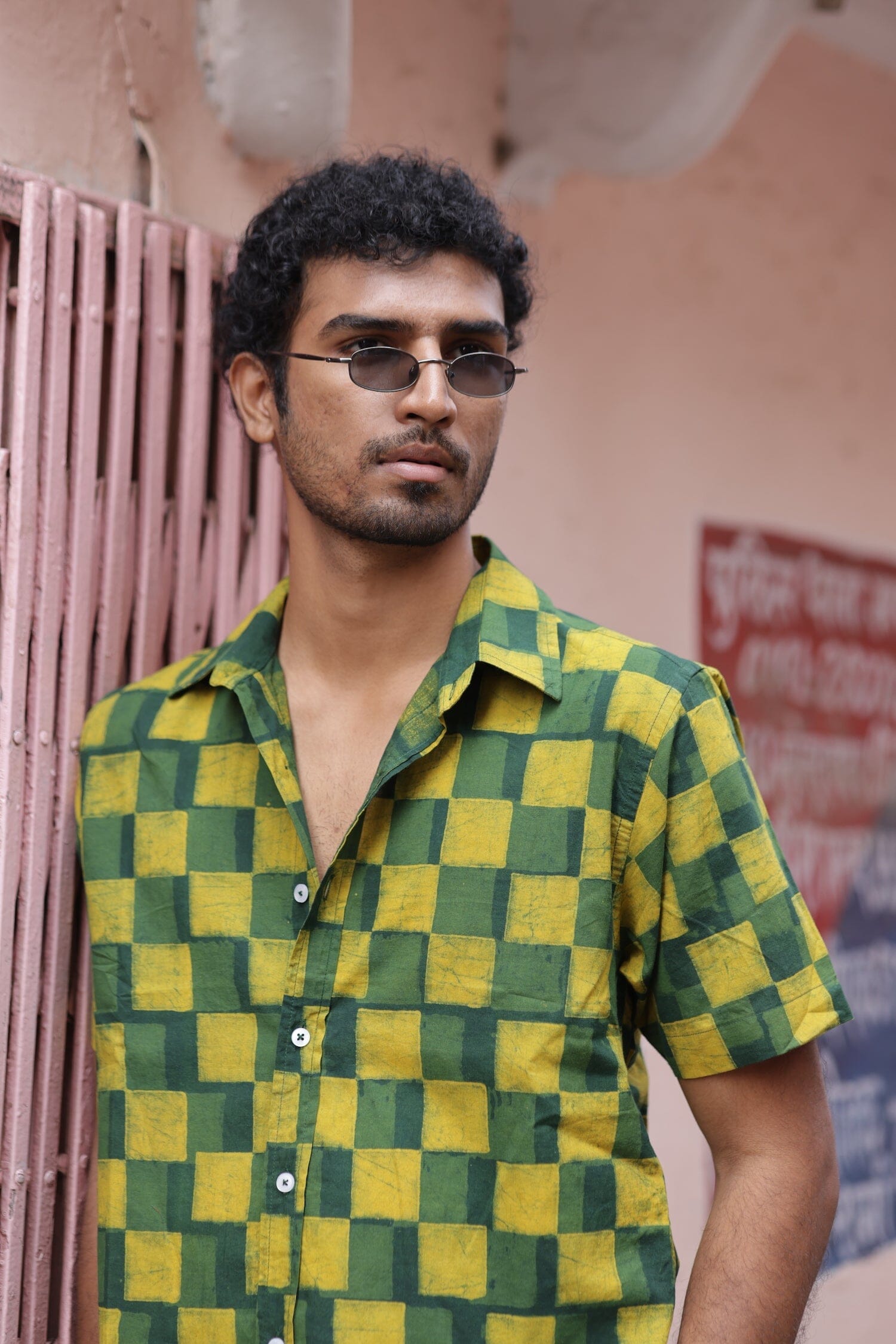 Men's Sufi Short Sleeve Shirt - Green + Turmeric Checks