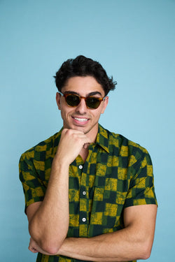 Men's Sufi Short Sleeve Shirt - Green + Turmeric Checks