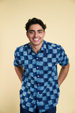 Men's Sufi Short Sleeve Shirt - Indigo + Blue Checks