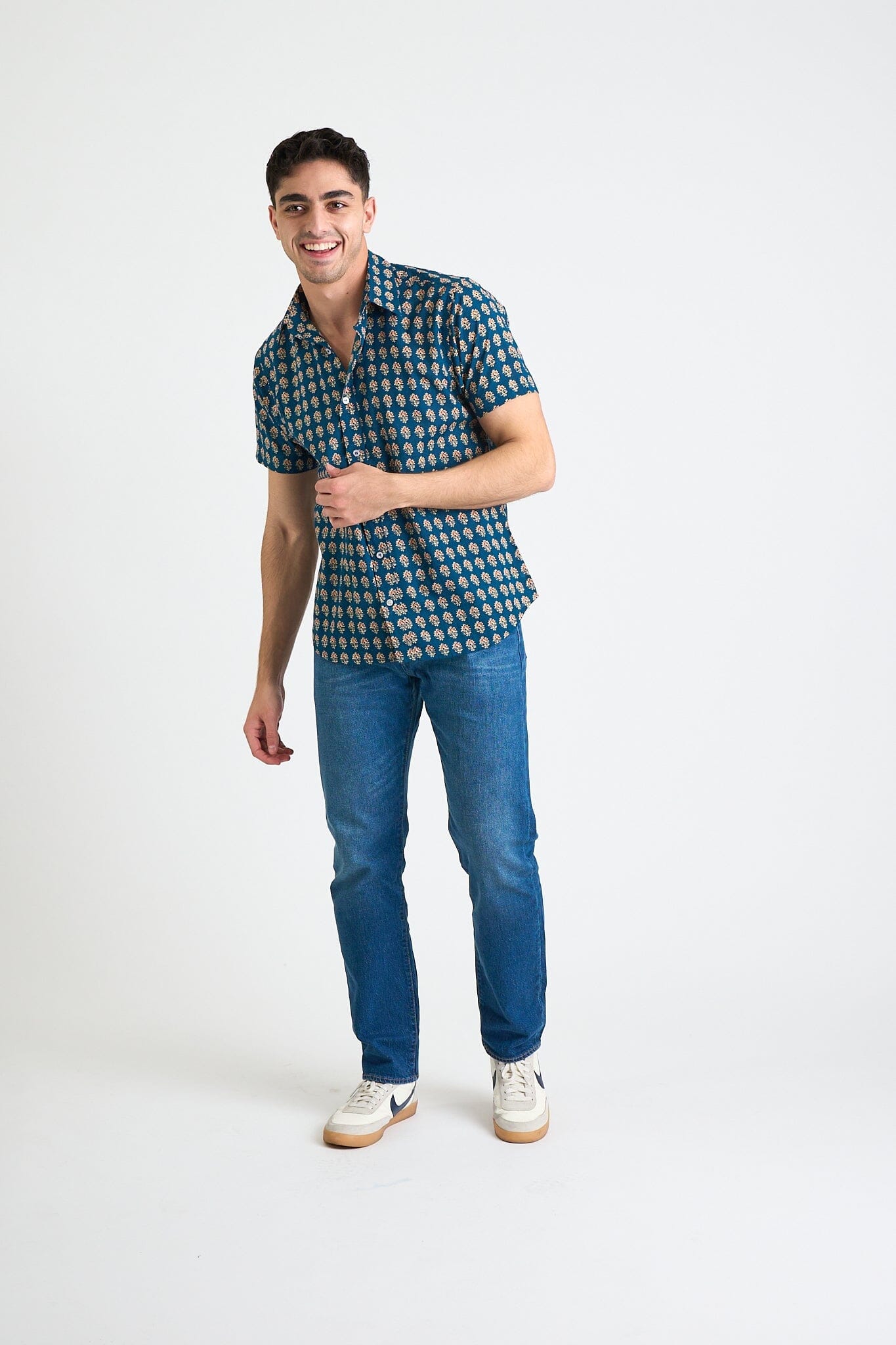 Men's Sheril Short Sleeve Shirt - Blue + Red Motif