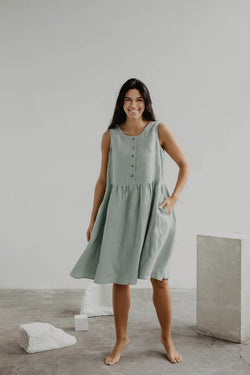 Hazel Sleeveless Linen Summer Dress Dresses AmourLinen L Sage Green 