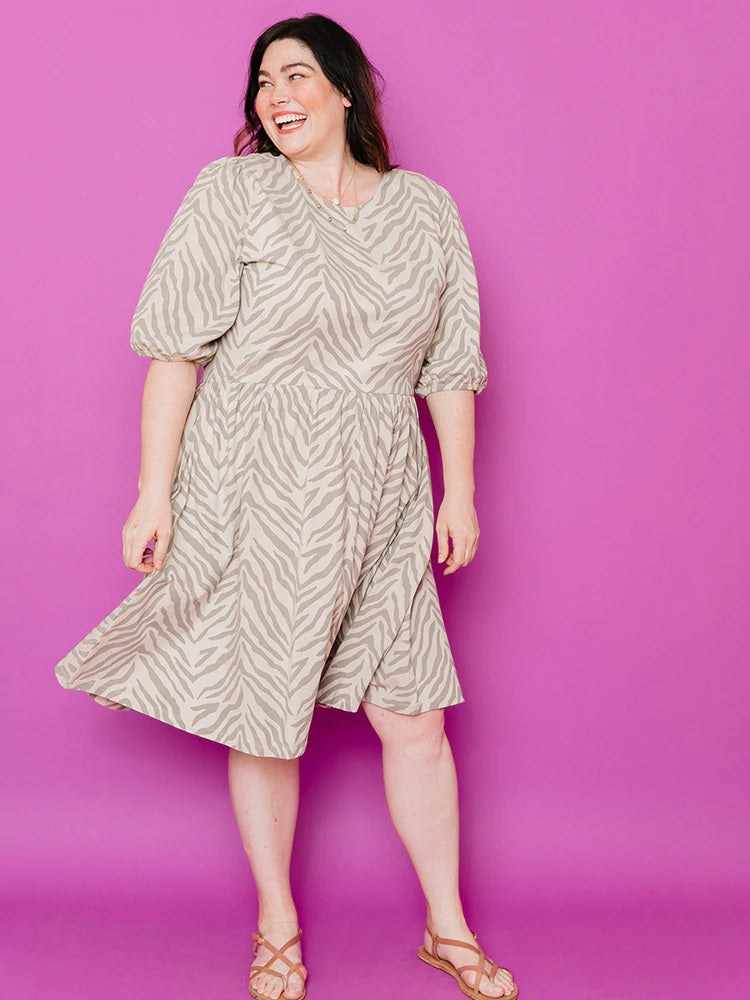 Inez Savanna Stripe Bubble Sleeve Dress