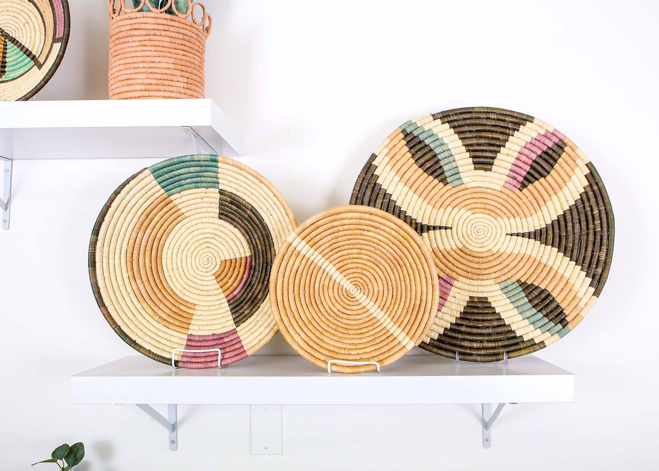 Large Tan Striped Round Basket